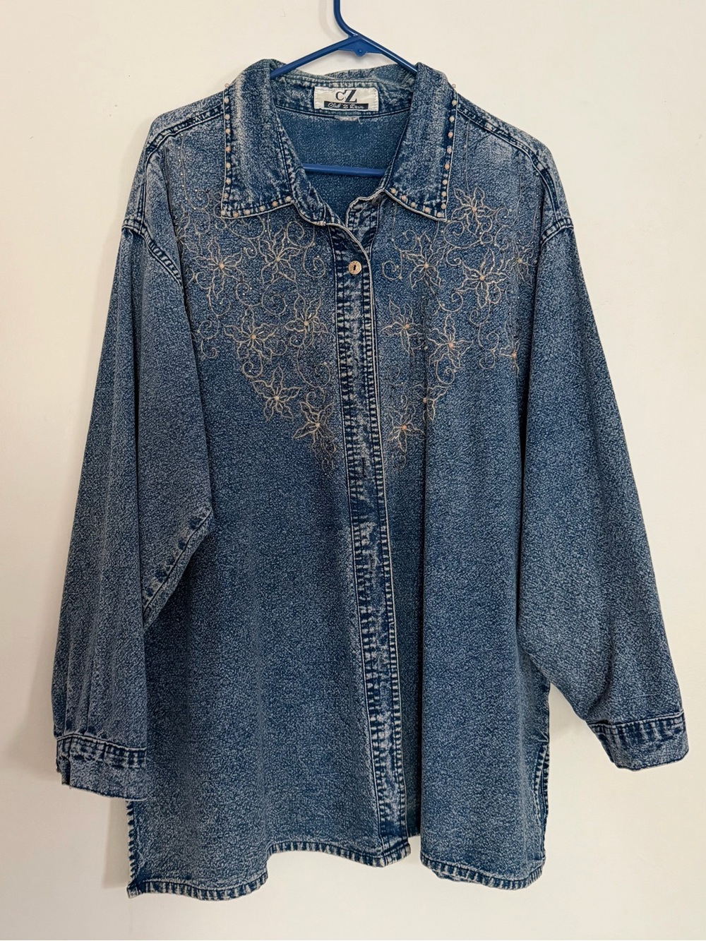 Vintage Club Z Denim Acid Wash Embroidered beaded Studded Oversized Shirt 80s 90 - Picture 2 of 15